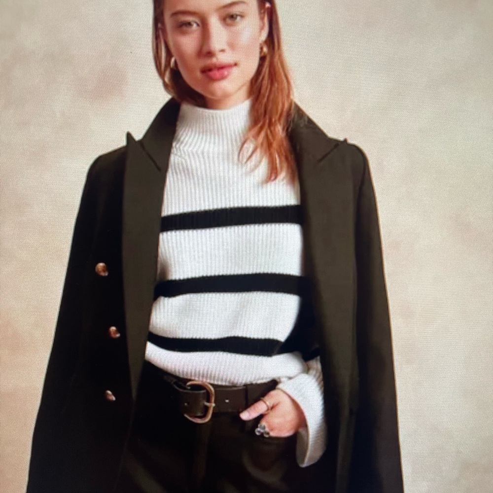 Banana Republic-Merino Wool Blend Sweater-Bell Sleeves-Mock Neck-Mariner Stripe
